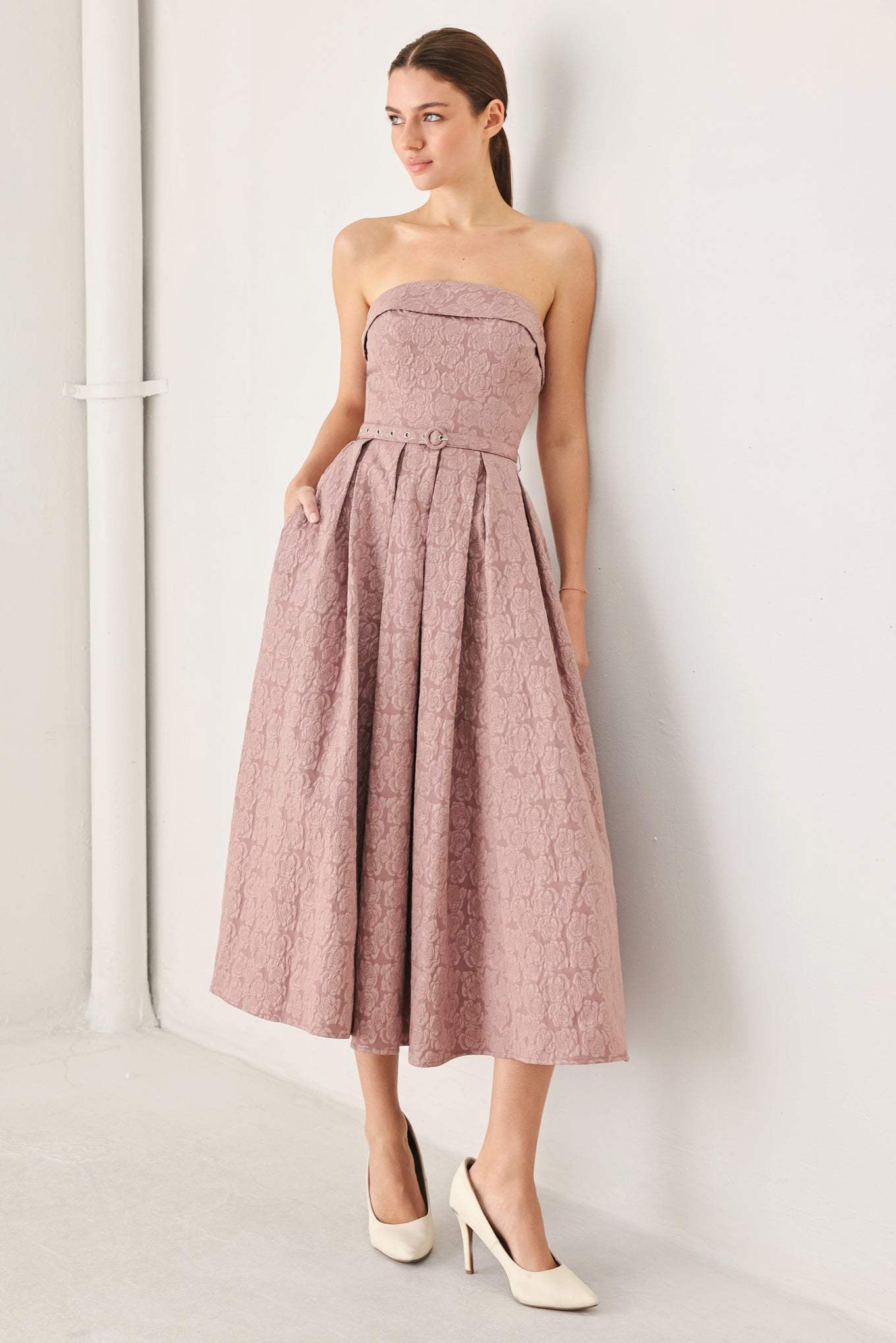 ROSETTE BANDEAU WOVEN MIDI DRESS