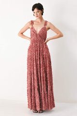 TWILIGHT ROSETTE WOVEN MAXI DRESS - Flying Tomato - Flyclothing LLC