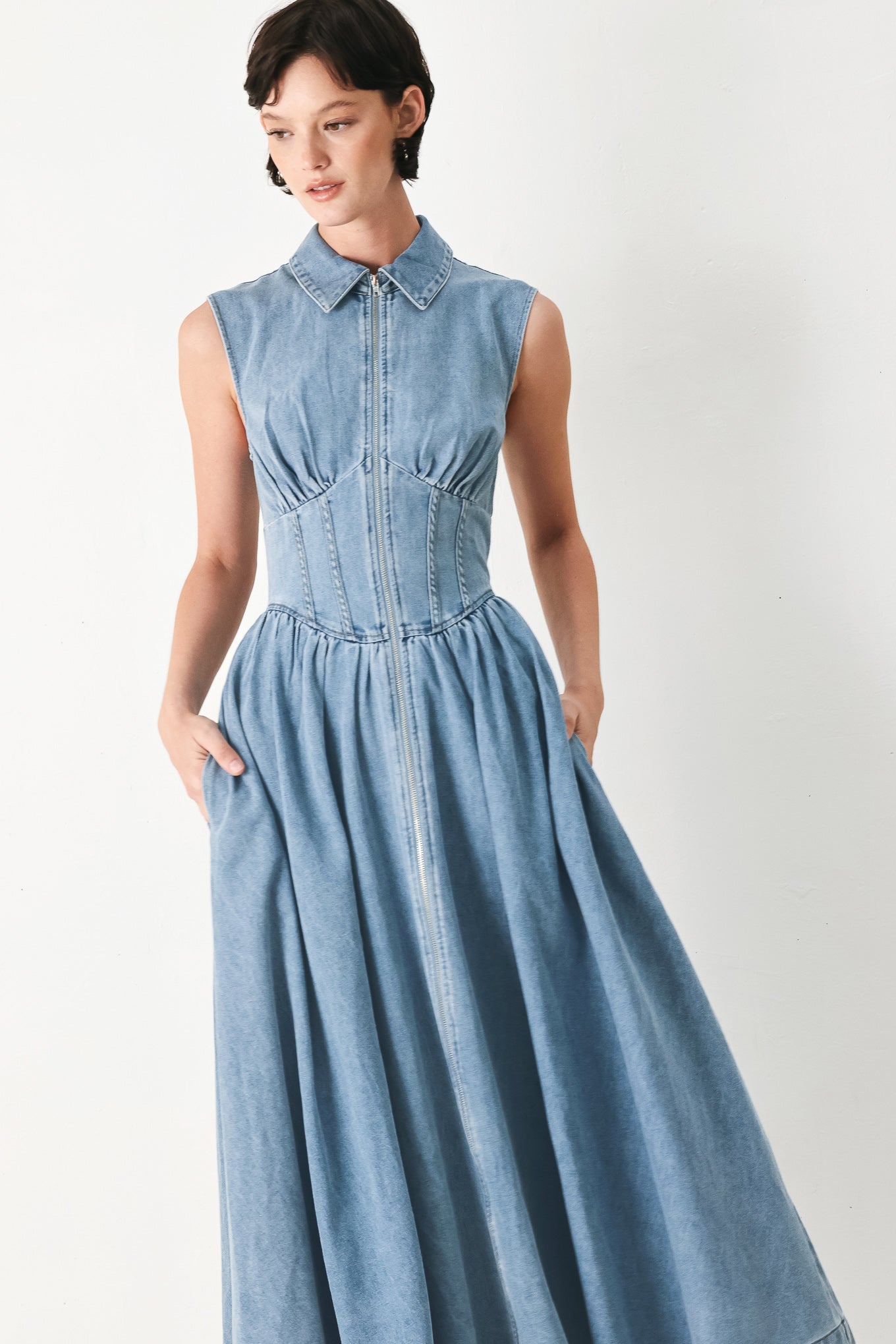SUNDAY STROLL DENIM MIDI DRESS - Flying Tomato - Flyclothing LLC