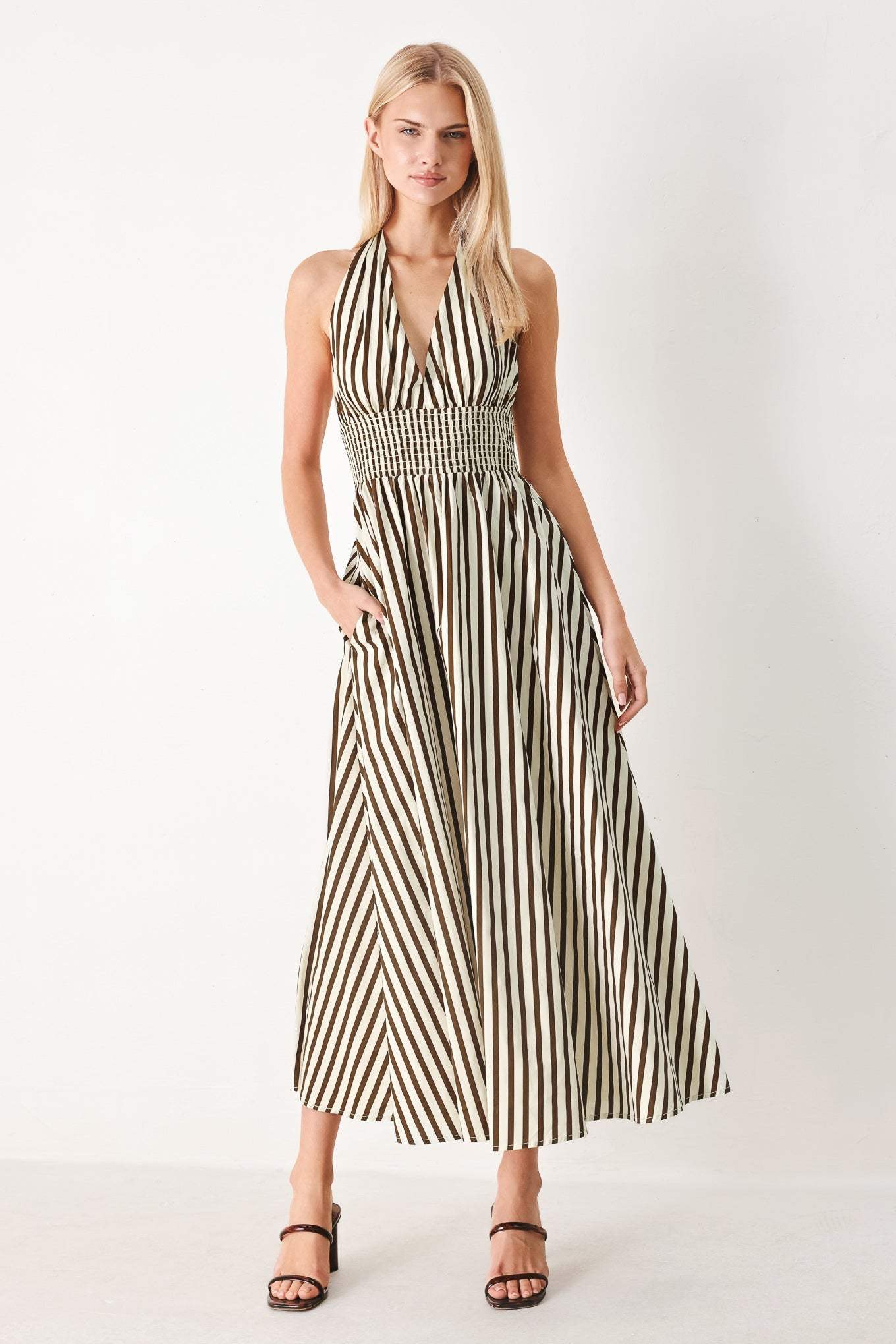 VACATION LINE STRIP WOVEN MIDI DRESS - Flying Tomato - Flyclothing LLC