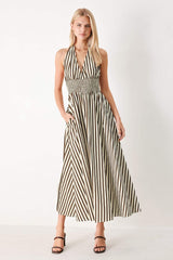 VACATION LINE STRIP WOVEN MIDI DRESS - Flying Tomato - Flyclothing LLC