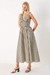 VACATION LINE STRIP WOVEN MIDI DRESS - Flying Tomato - Flyclothing LLC