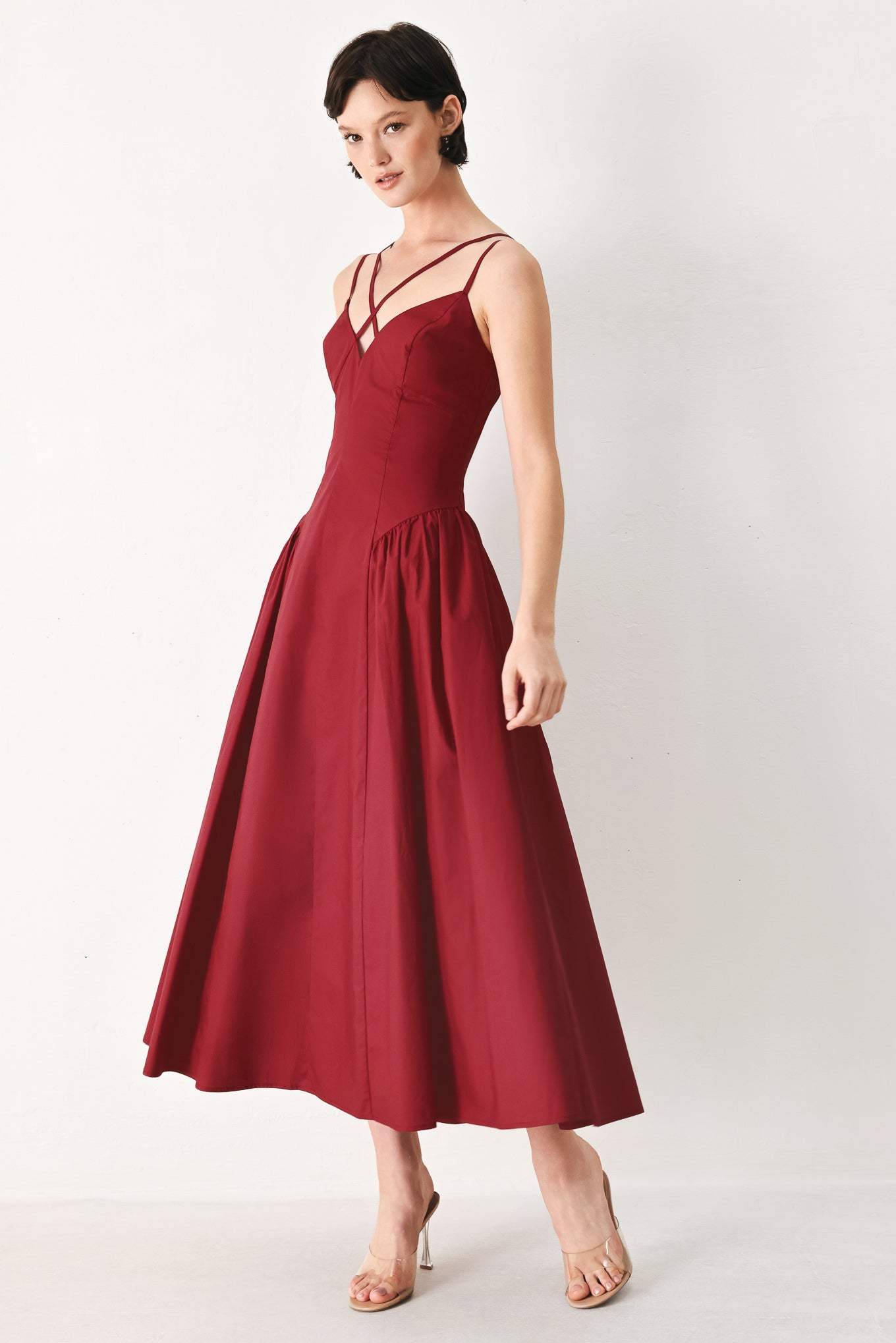 MIDNIGHT MERLOT WOVEN MIDI DRESS - Flying Tomato - Flyclothing LLC