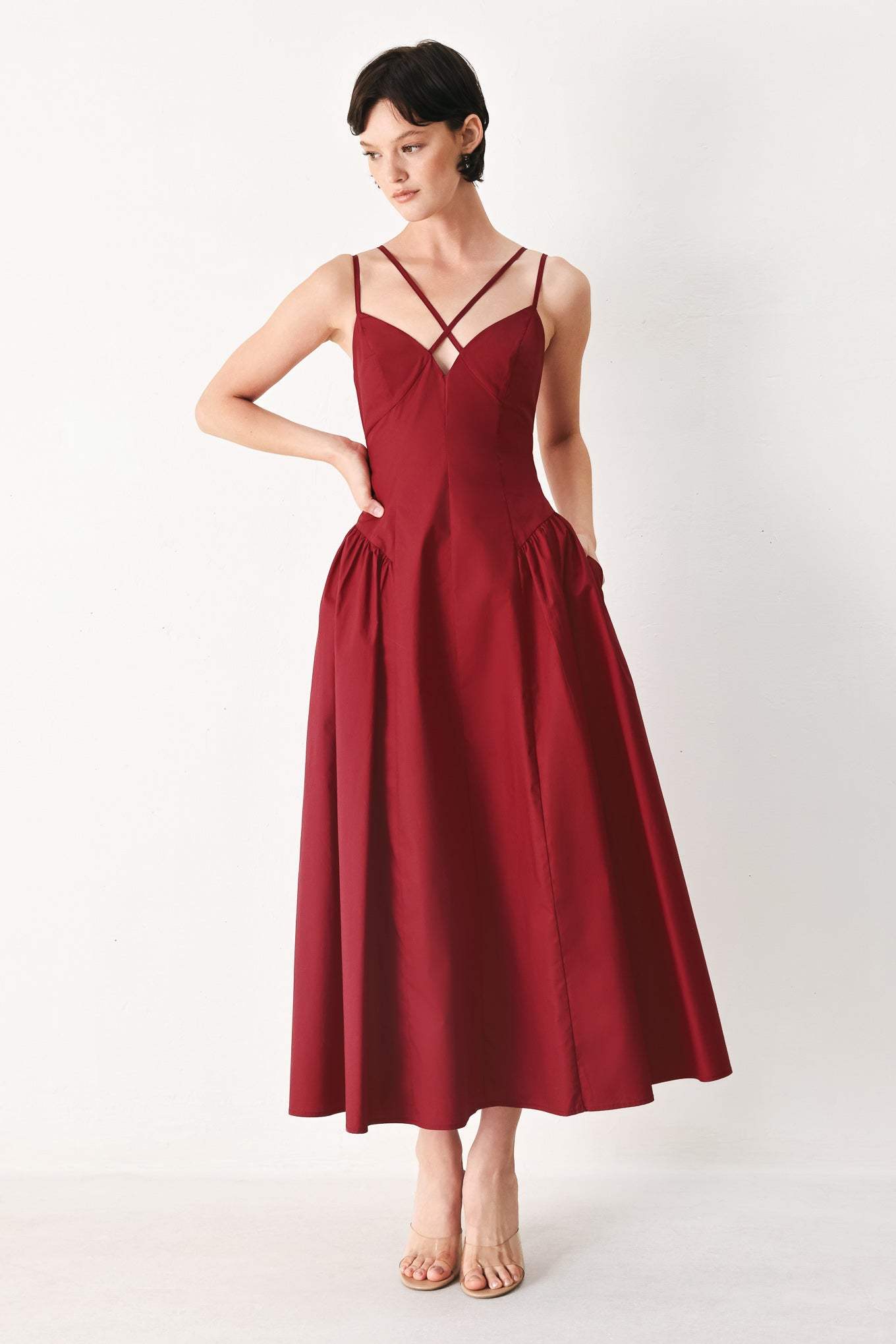 MIDNIGHT MERLOT WOVEN MIDI DRESS - Flying Tomato - Flyclothing LLC