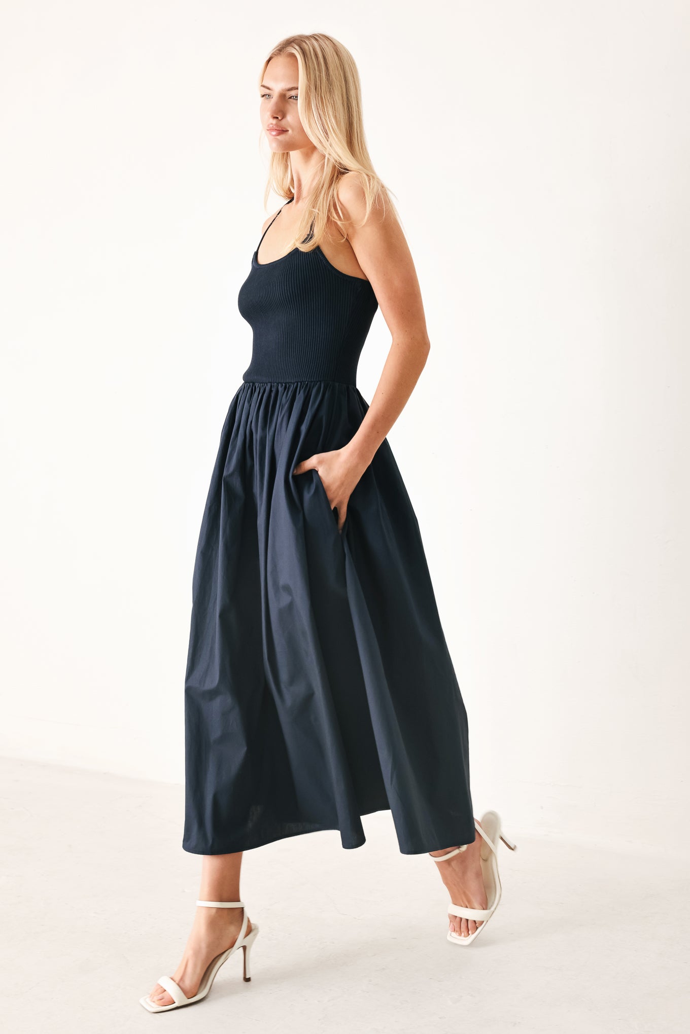 EASY BREEZE NAVY WOVEN MIDI DRESS - Flying Tomato - Flyclothing LLC