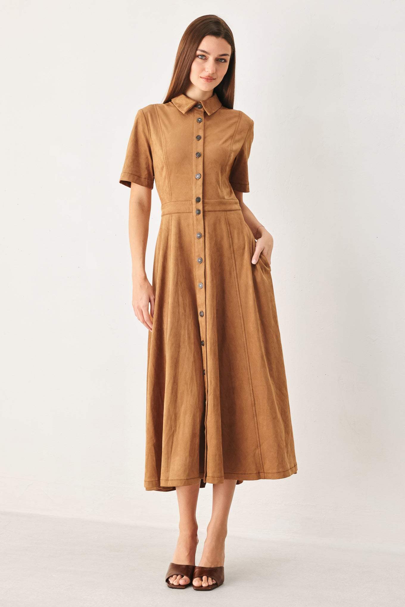 DARLING CAME FAUX SUEDE MIDI SHIRT DRESS