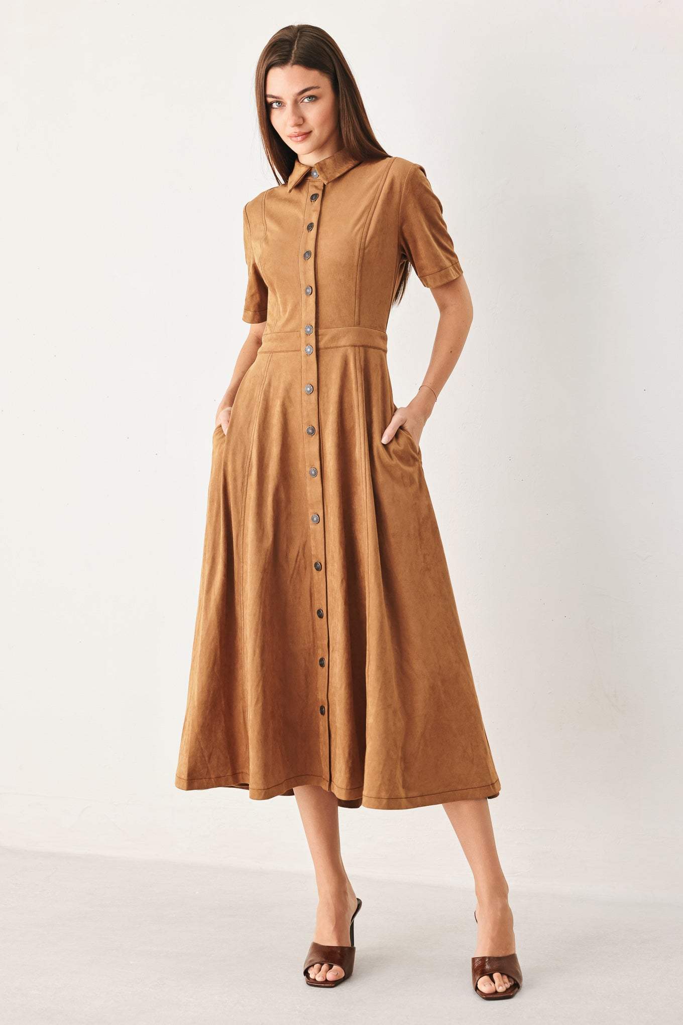 DARLING CAME FAUX SUEDE MIDI SHIRT DRESS