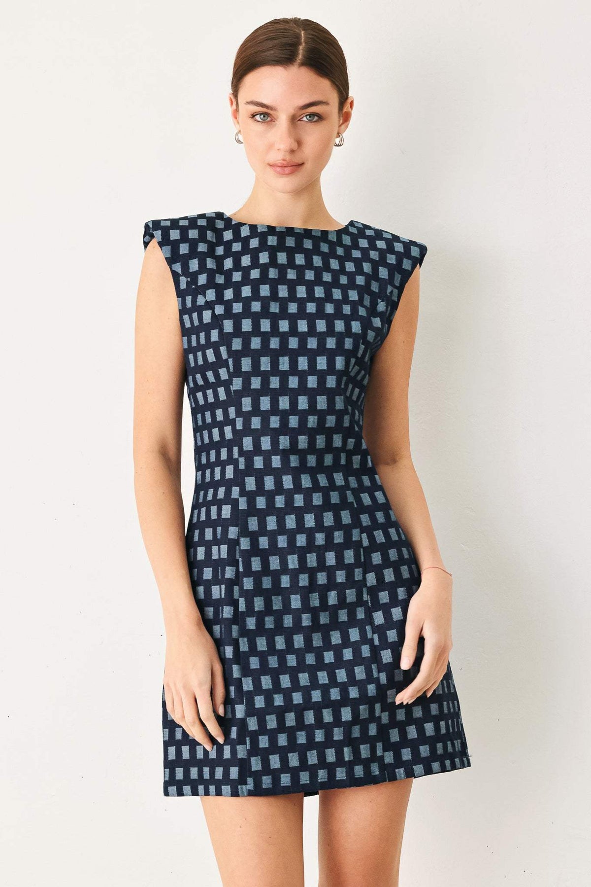 COOL GIRL CHECK JACQUARD DENIM MINI DRESS - Flying Tomato - Flyclothing LLC