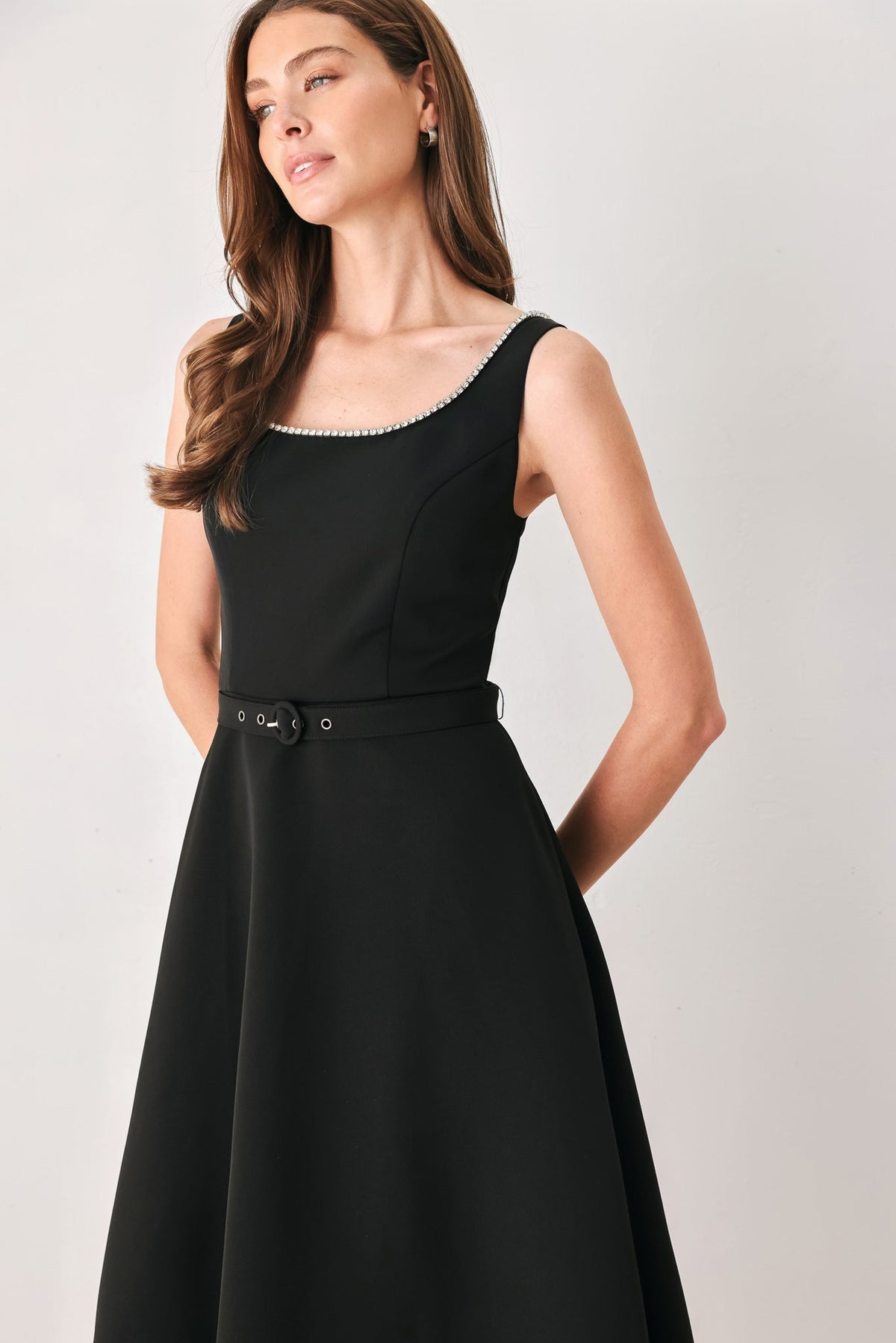 JEWELED NOIR BLACK EMBELLISHED BELTED MIDI DRESS - Flying Tomato - Flyclothing LLC