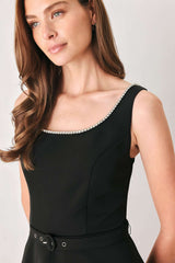 JEWELED NOIR BLACK EMBELLISHED BELTED MIDI DRESS - Flying Tomato - Flyclothing LLC