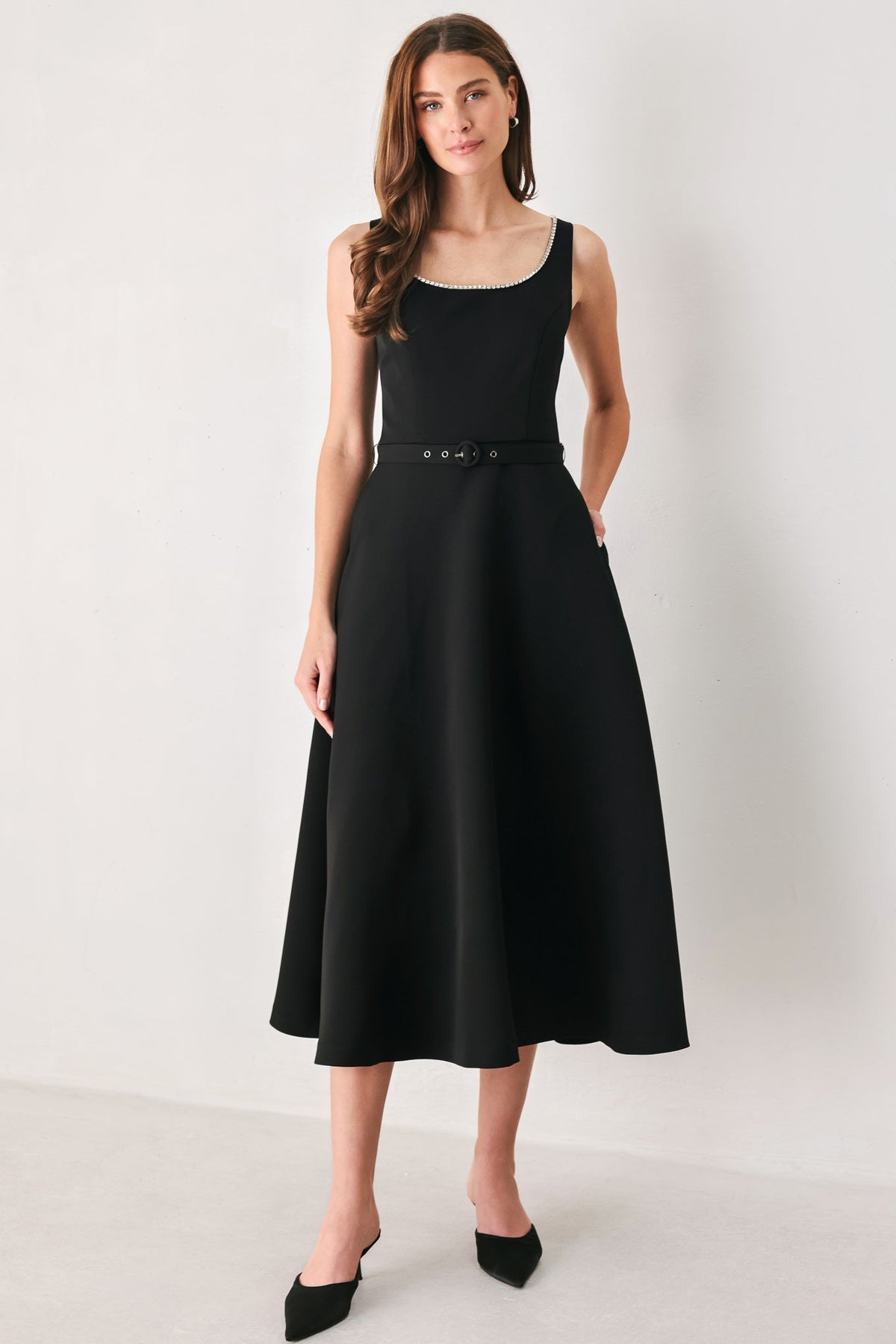 JEWELED NOIR BLACK EMBELLISHED BELTED MIDI DRESS - Flying Tomato - Flyclothing LLC
