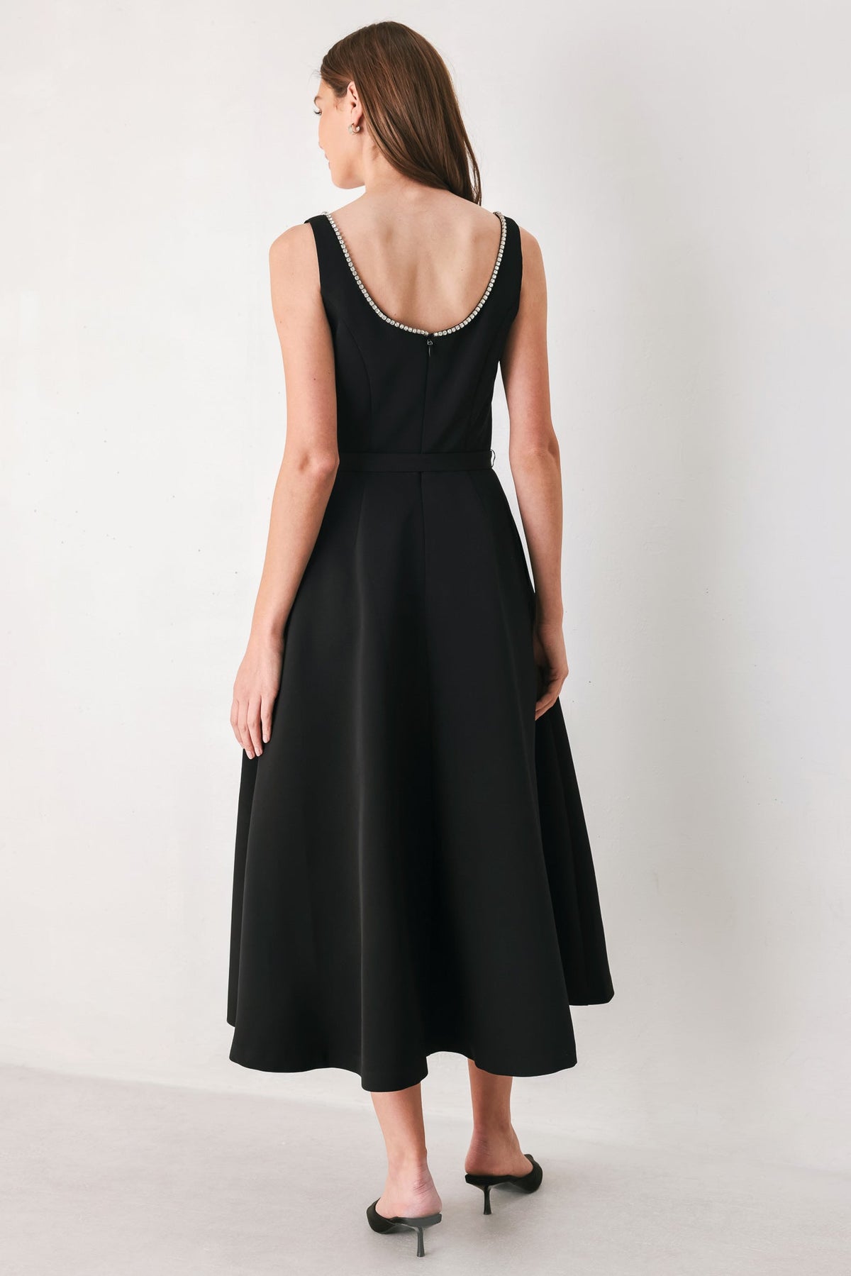 JEWELED NOIR BLACK EMBELLISHED BELTED MIDI DRESS - Flying Tomato - Flyclothing LLC