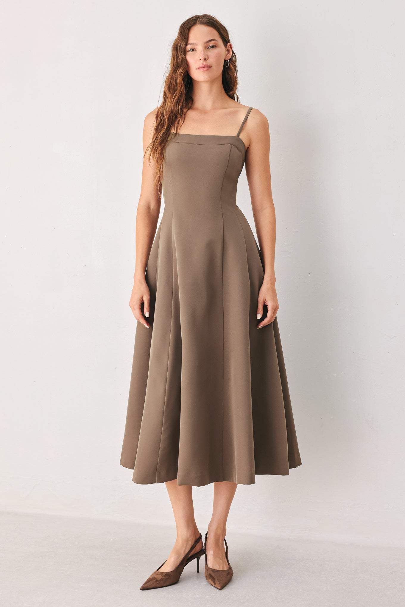 COFFEE BEAN SWING WOVEN MIDI DRESS