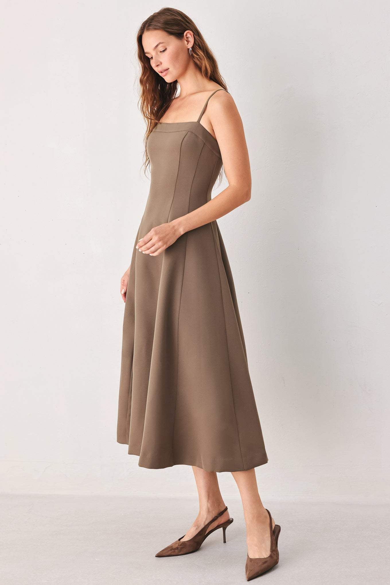 COFFEE BEAN SWING WOVEN MIDI DRESS