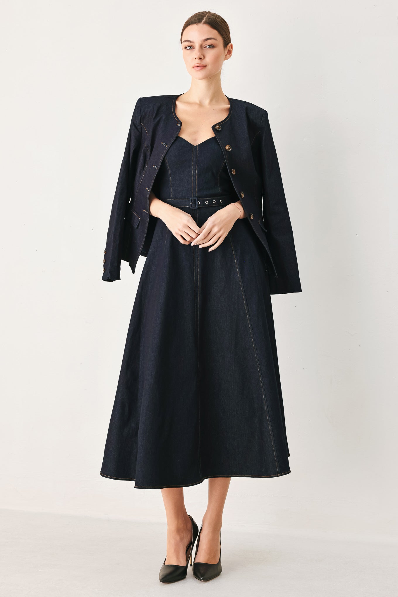 ICONIC INDIGO DENIM MIDI DRESS - Flying Tomato - Flyclothing LLC