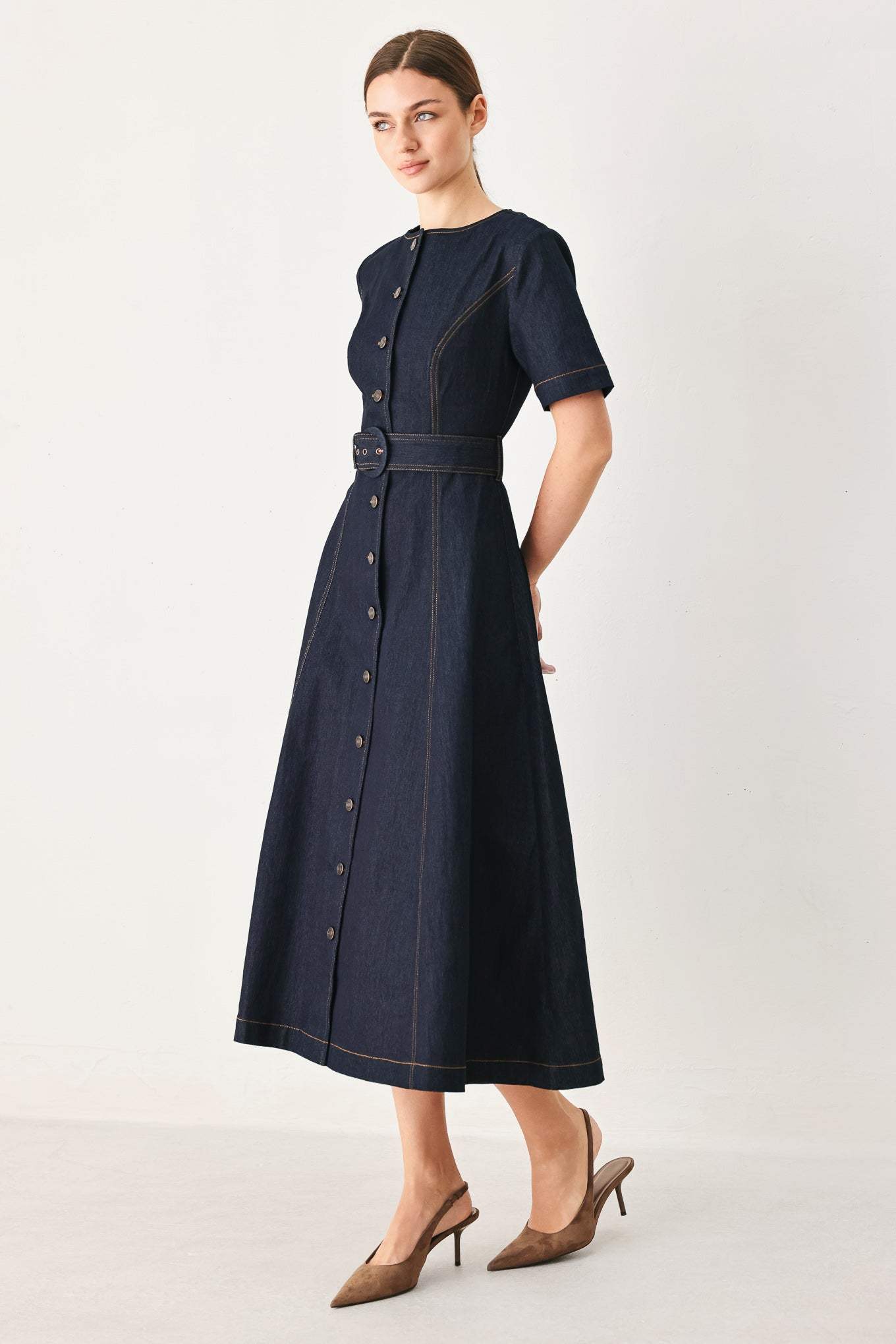 ROMANTIC DENIM WOVEN MIDI DRESS - Flying Tomato - Flyclothing LLC
