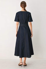 ROMANTIC DENIM WOVEN MIDI DRESS - Flying Tomato - Flyclothing LLC