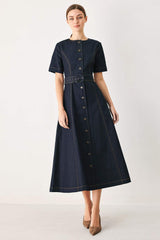 ROMANTIC DENIM WOVEN MIDI DRESS - Flying Tomato - Flyclothing LLC