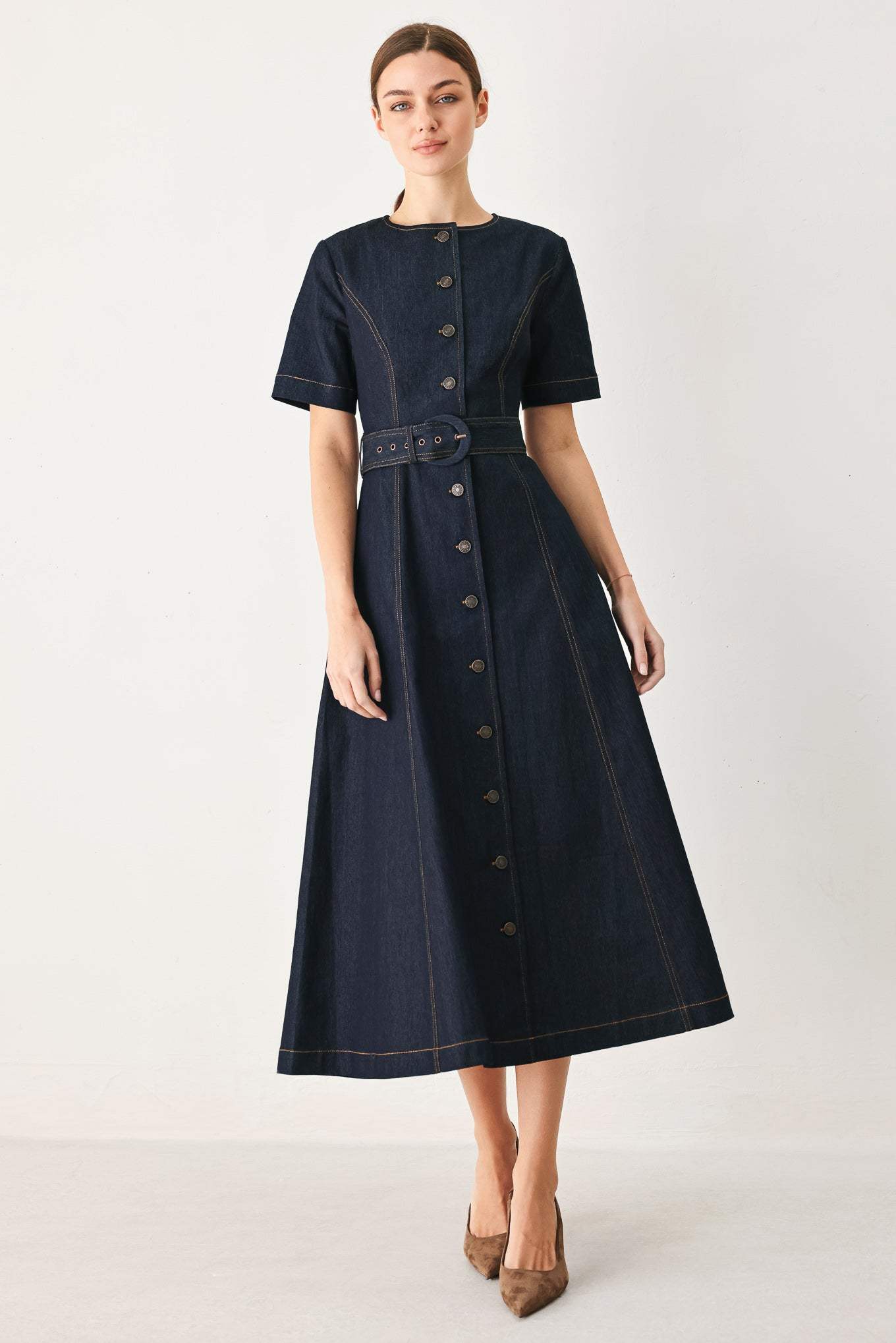 ROMANTIC DENIM WOVEN MIDI DRESS - Flying Tomato - Flyclothing LLC