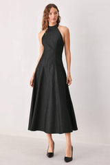 AFTER DARK HALTER DENIM MIDI DRESS