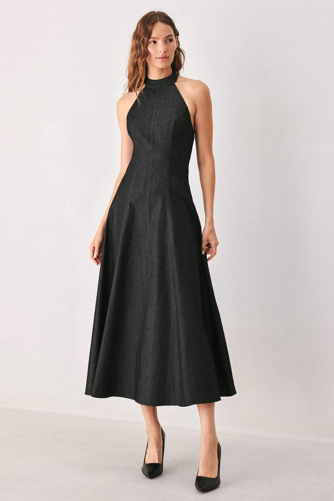 AFTER DARK HALTER DENIM MIDI DRESS
