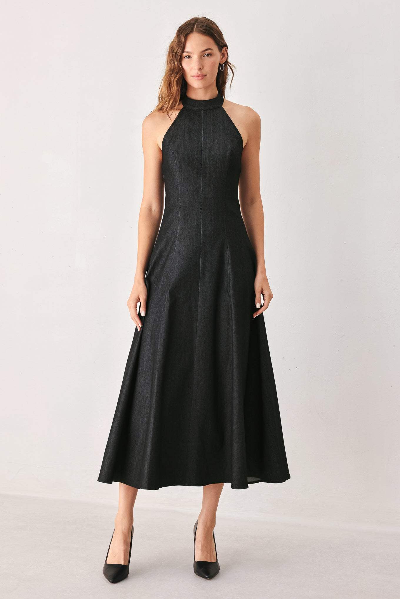 AFTER DARK HALTER DENIM MIDI DRESS