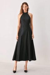 AFTER DARK HALTER DENIM MIDI DRESS