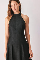 AFTER DARK HALTER DENIM MIDI DRESS