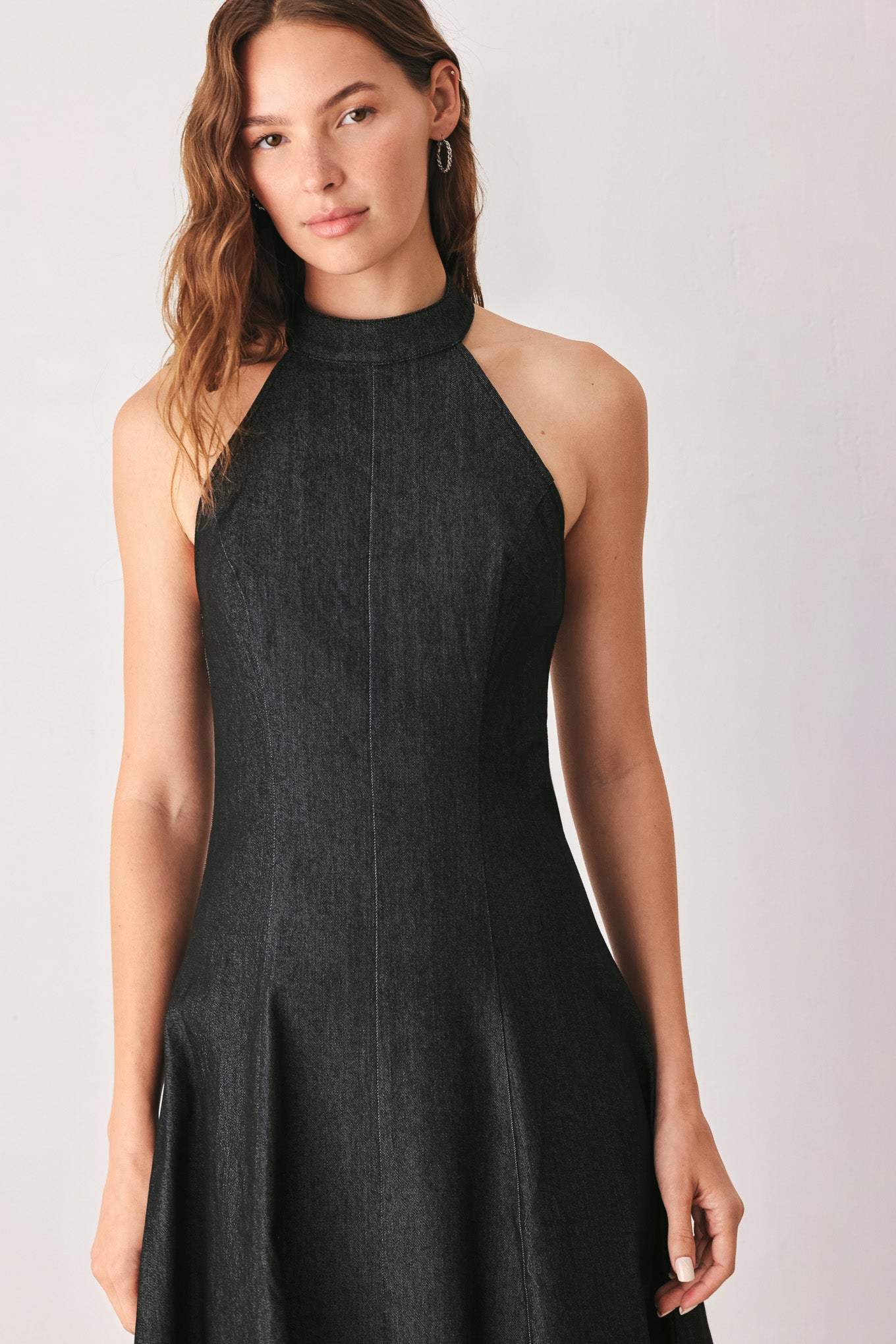 AFTER DARK HALTER DENIM MIDI DRESS