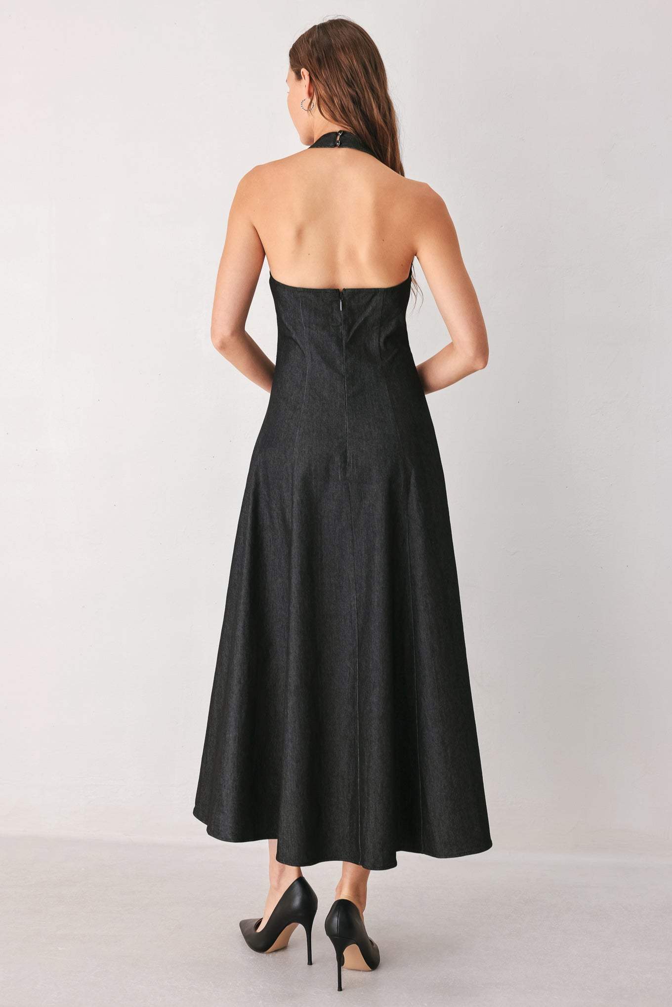 AFTER DARK HALTER DENIM MIDI DRESS
