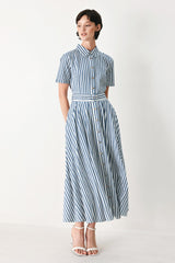 COASTAL MUSE STRIP WOVEN MIDI SHIRT DRESS