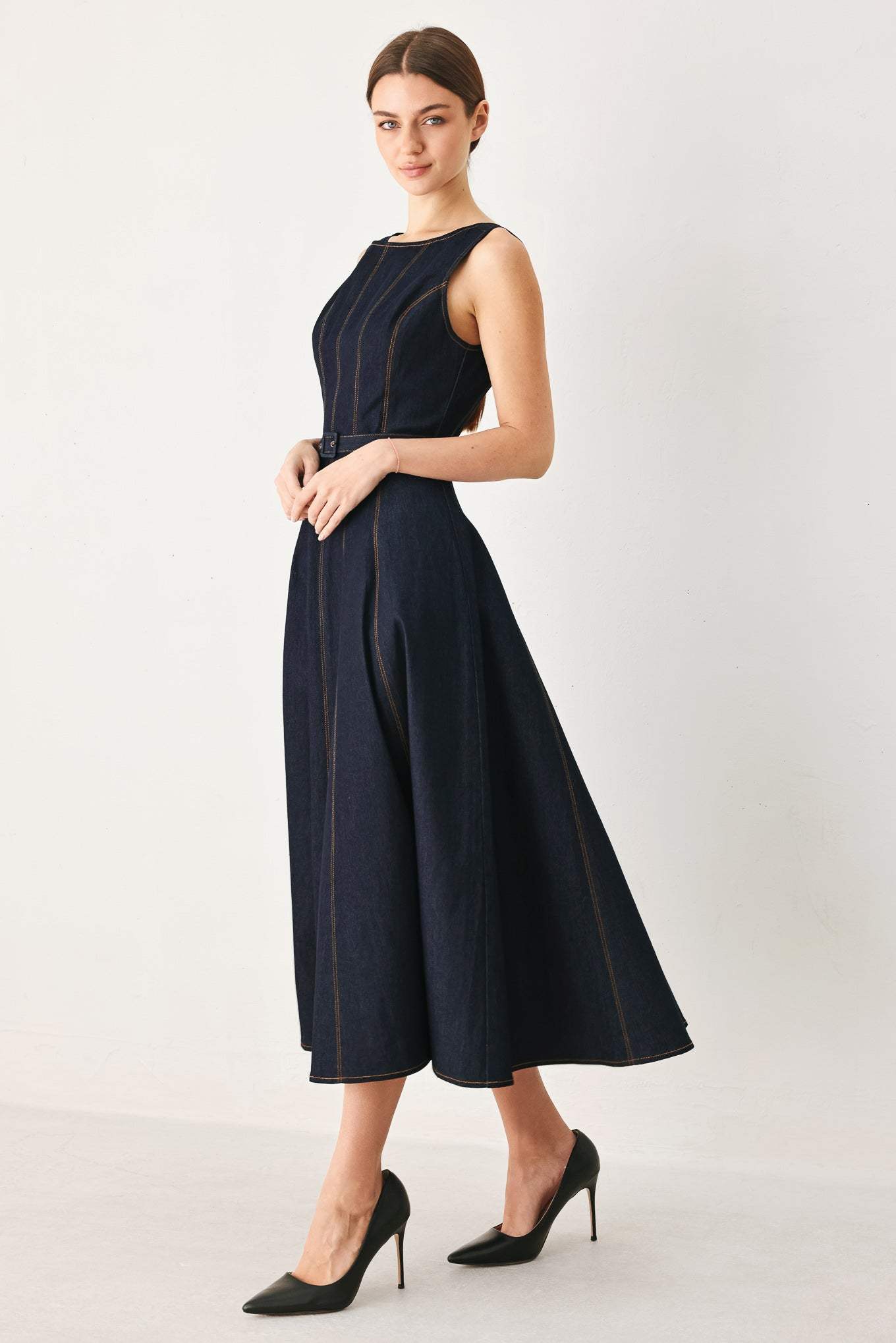 TAILORED STITCH DENIM MIDI DRESS