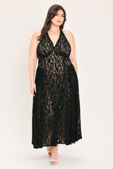 MIDNIGHT GARDEN HALTER WOVEN LACE MIDI DRESS - Flying Tomato - Flyclothing LLC