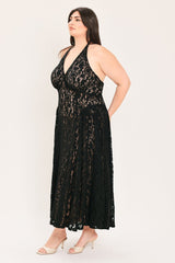 MIDNIGHT GARDEN HALTER WOVEN LACE MIDI DRESS - Flying Tomato - Flyclothing LLC