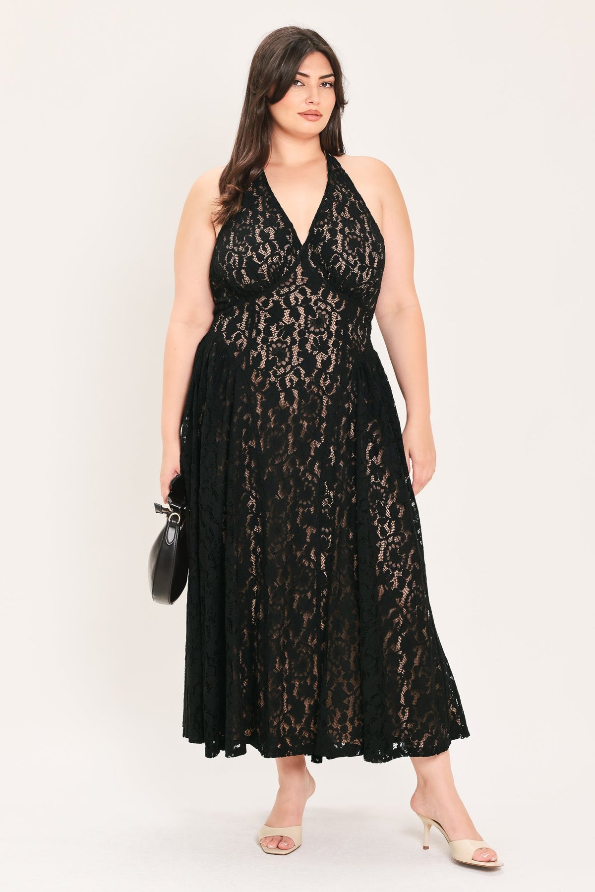 MIDNIGHT GARDEN HALTER WOVEN LACE MIDI DRESS - Flying Tomato - Flyclothing LLC