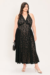 MIDNIGHT GARDEN HALTER WOVEN LACE MIDI DRESS - Flying Tomato - Flyclothing LLC