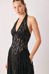 MIDNIGHT GARDEN HALTER WOVEN LACE MIDI DRESS - Flying Tomato - Flyclothing LLC