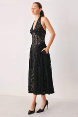 MIDNIGHT GARDEN HALTER WOVEN LACE MIDI DRESS - Flying Tomato - Flyclothing LLC