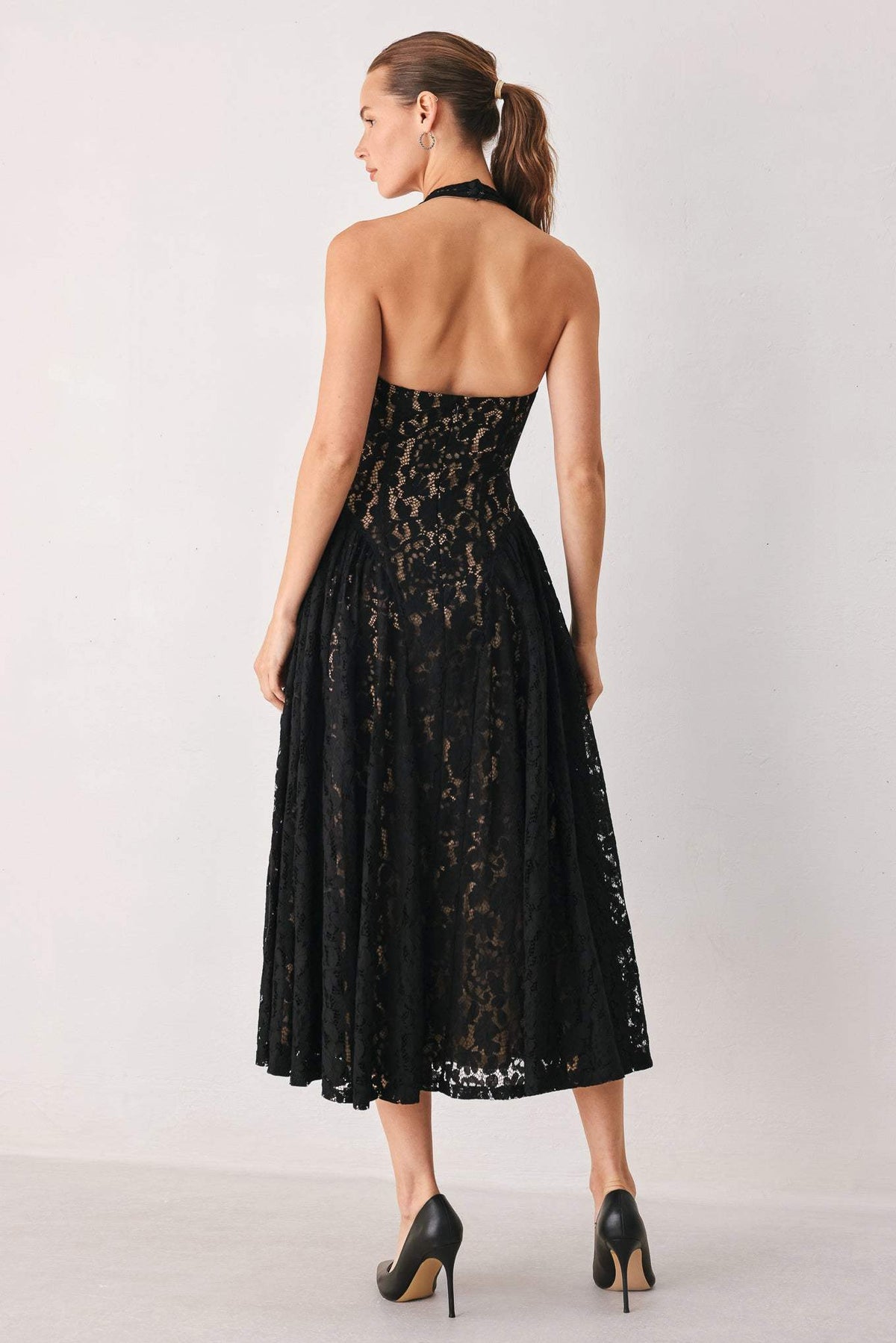 MIDNIGHT GARDEN HALTER WOVEN LACE MIDI DRESS - Flying Tomato - Flyclothing LLC