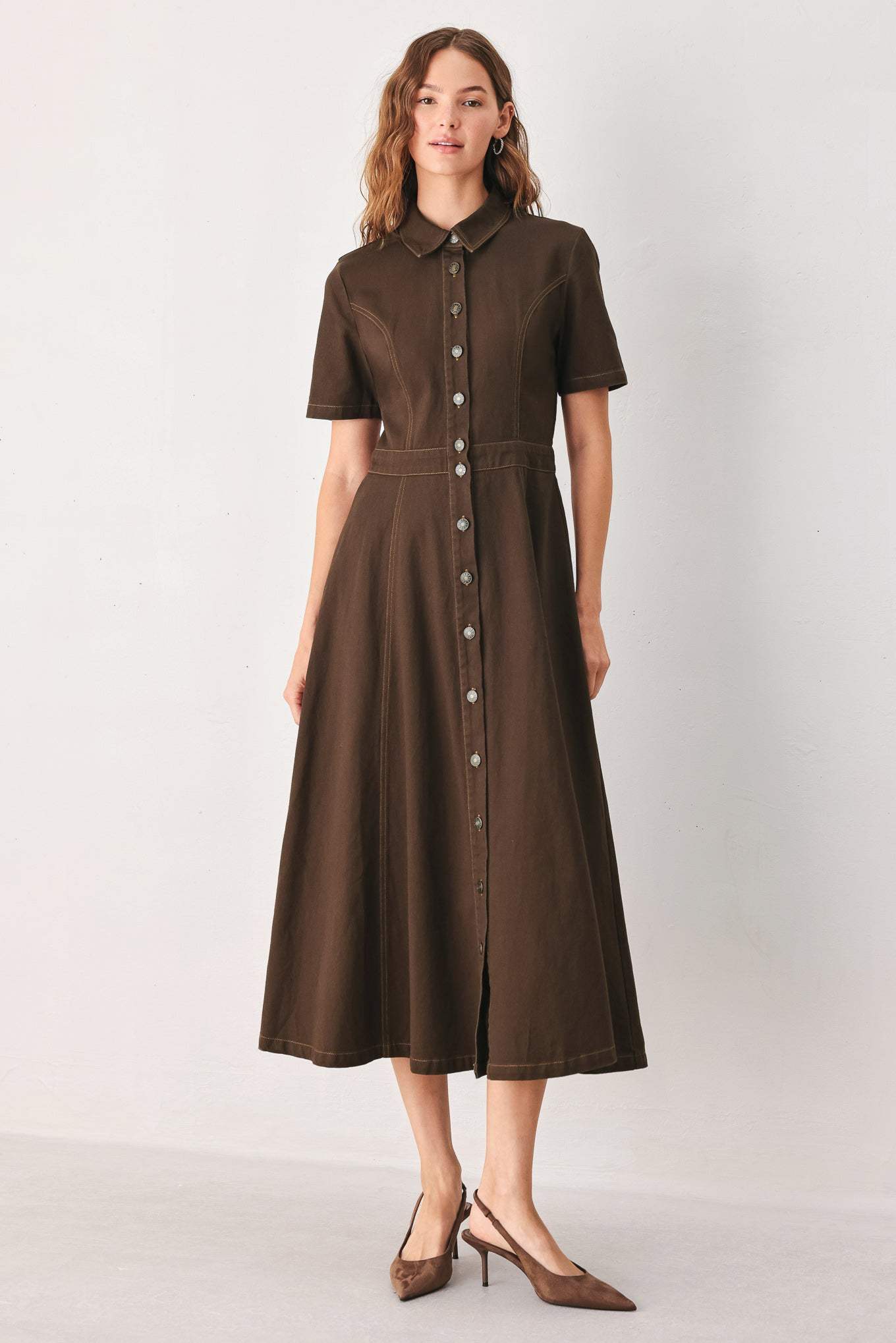BARK BROWN VINTAGE WOVEN MIDI DRESS