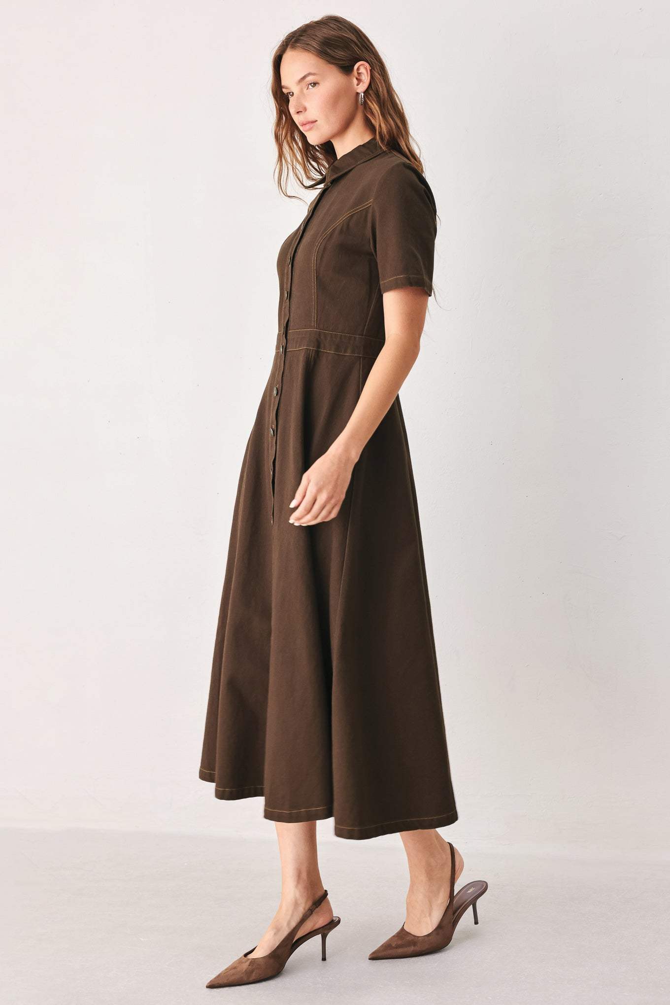BARK BROWN VINTAGE WOVEN MIDI DRESS