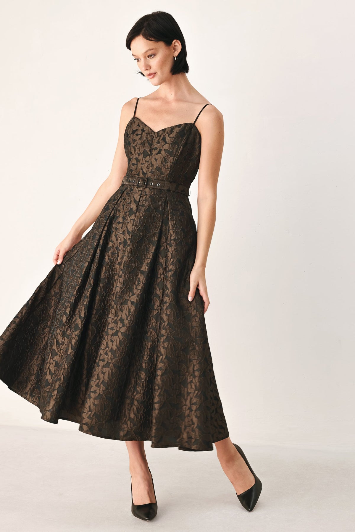 GOLDEN HOUR ROMANCE JACQUARD MIDI DRESS