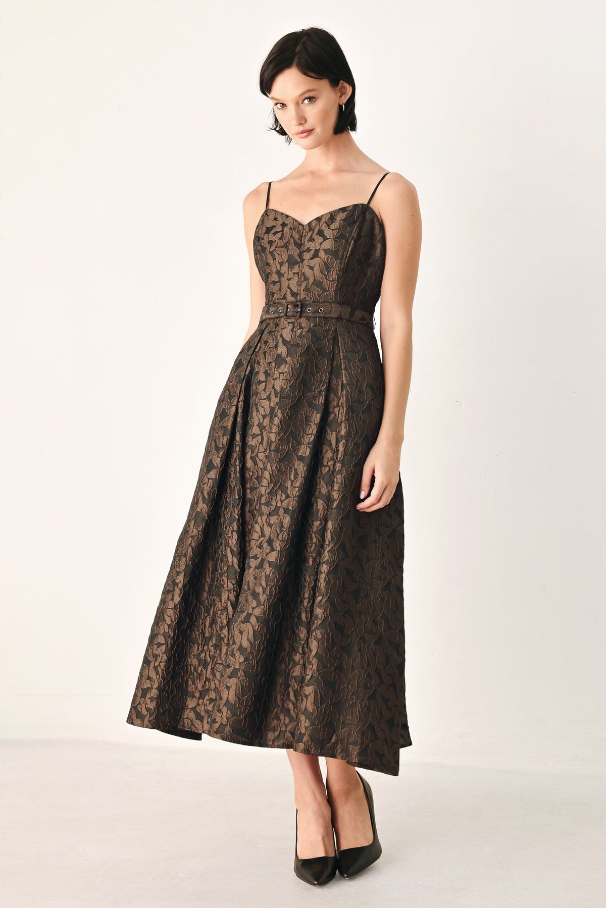 GOLDEN HOUR ROMANCE JACQUARD MIDI DRESS