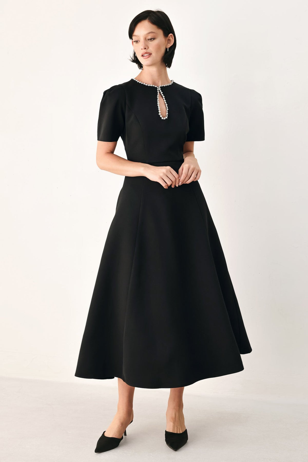 AFTER DARK ELEGANCE JEWELED MIDI DRESS - Flying Tomato - Flyclothing LLC