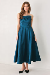 TEAL TEMPO ASYMMETRICAL STRAPLESS CIRCLE-SKIRT MIDI DRESS - Flying Tomato - Flyclothing LLC