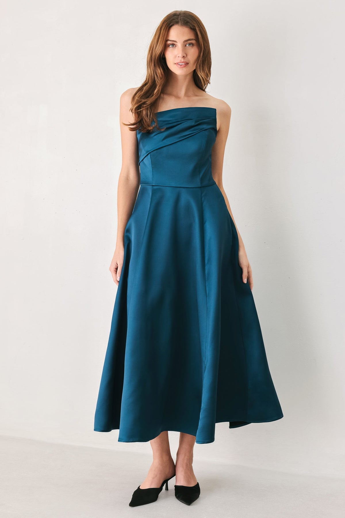 TEAL TEMPO ASYMMETRICAL STRAPLESS CIRCLE-SKIRT MIDI DRESS - Flying Tomato - Flyclothing LLC