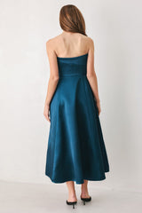 TEAL TEMPO ASYMMETRICAL STRAPLESS CIRCLE-SKIRT MIDI DRESS - Flying Tomato - Flyclothing LLC