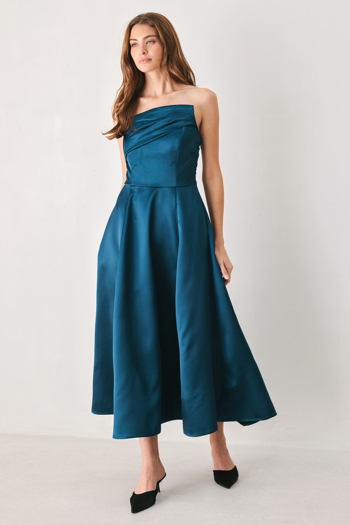 TEAL TEMPO ASYMMETRICAL STRAPLESS CIRCLE-SKIRT MIDI DRESS - Flying Tomato - Flyclothing LLC