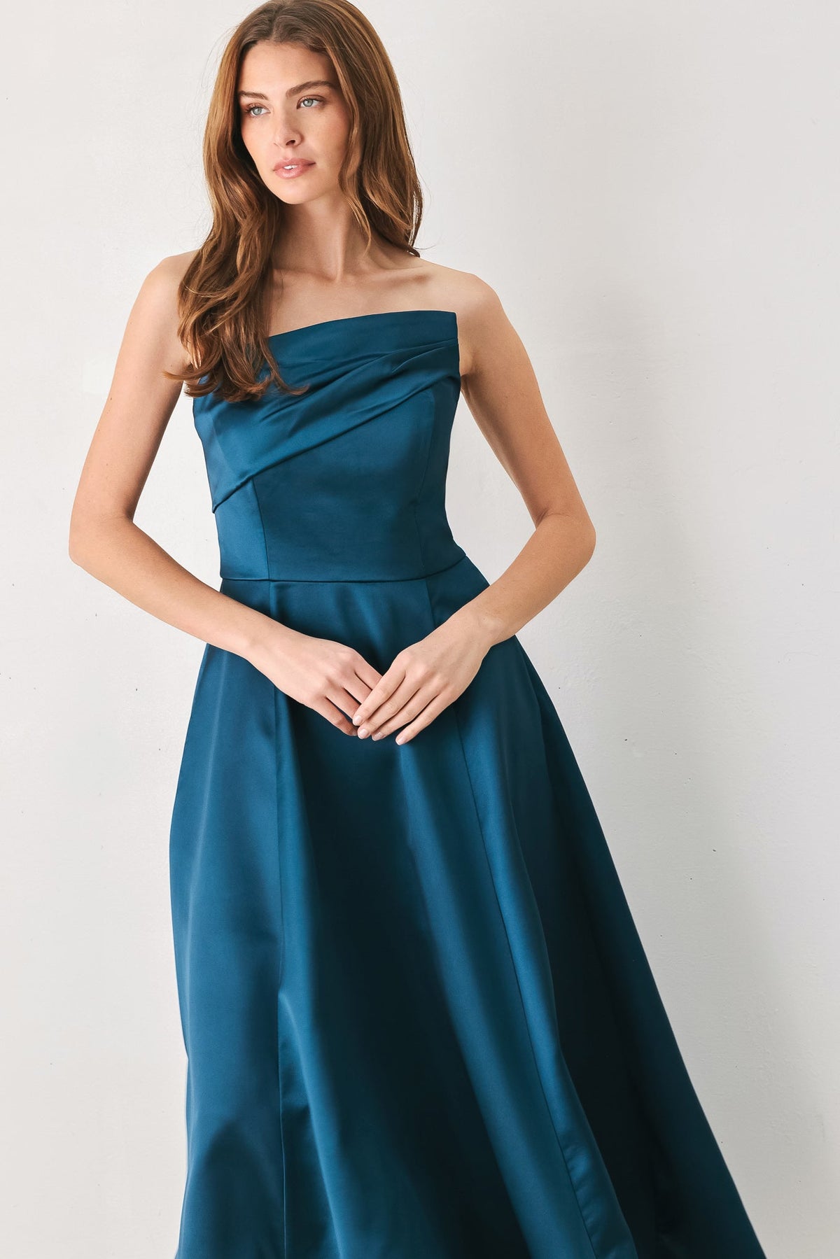 TEAL TEMPO ASYMMETRICAL STRAPLESS CIRCLE-SKIRT MIDI DRESS - Flying Tomato - Flyclothing LLC