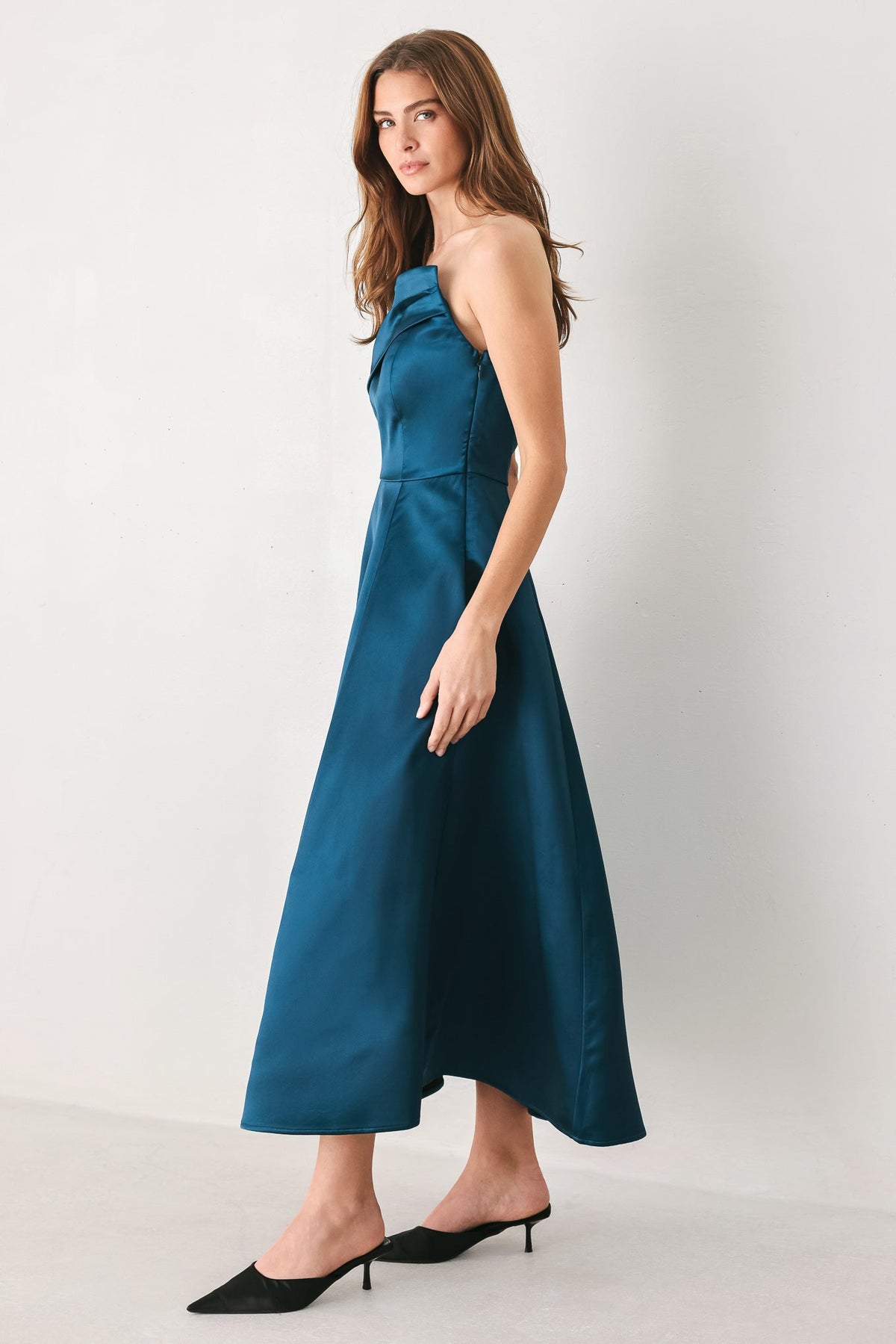 TEAL TEMPO ASYMMETRICAL STRAPLESS CIRCLE-SKIRT MIDI DRESS - Flying Tomato - Flyclothing LLC